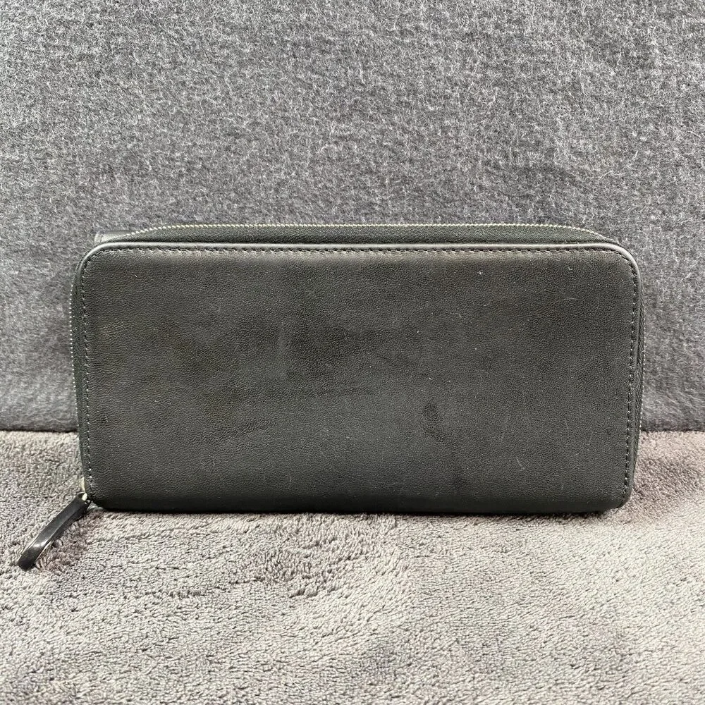 Vintage Coach Legacy Black Leather Trifold Checkbook Wallet Silver Zip Organizer
